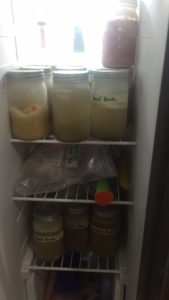 After the broth has cooled, I freeze the mason jars. I leave the lid loose until the broth is completely frozen, then tighten.