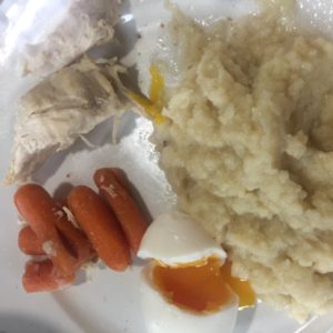 A GAPS Meal: chicken, mashed cauliflower, boiled carrots, soft boiled egg