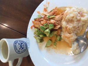 A GAPS Meal: chicken with avocado, mashed cauliflower and hot broth.